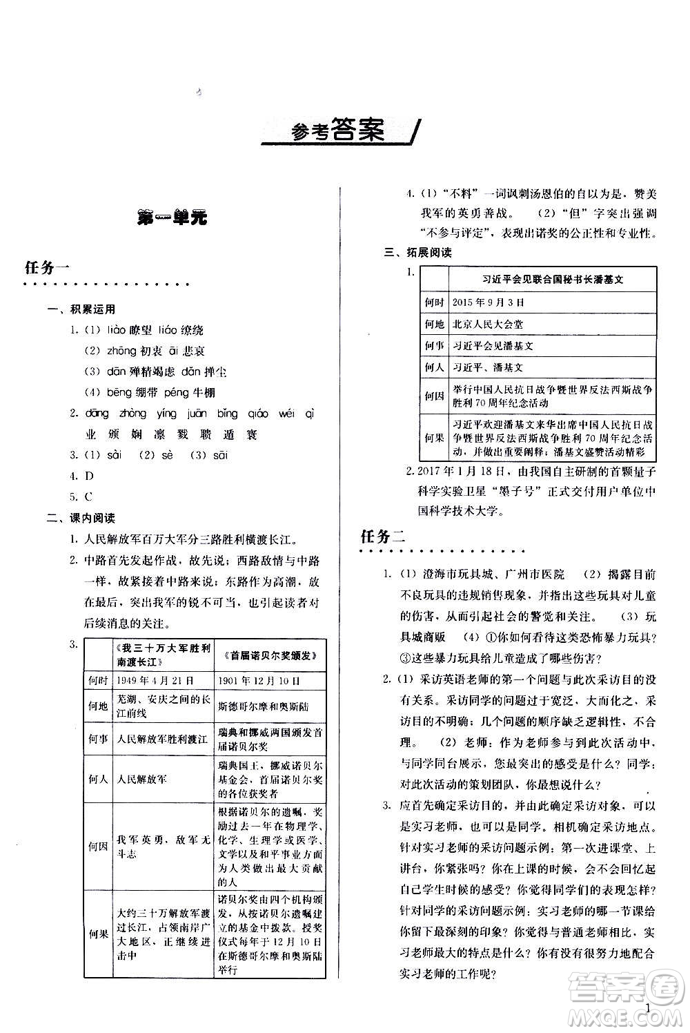 人民教育出版社2020補(bǔ)充習(xí)題語(yǔ)文八年級(jí)上冊(cè)人教版答案