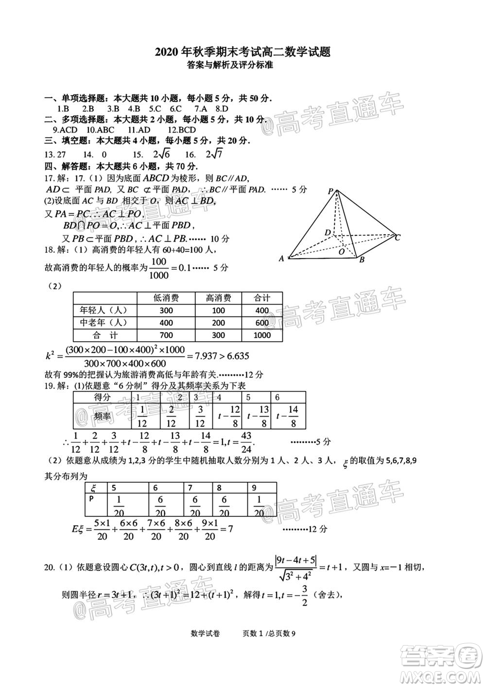 黃岡市2020年秋季高二年級期末調研考試數學試題及答案