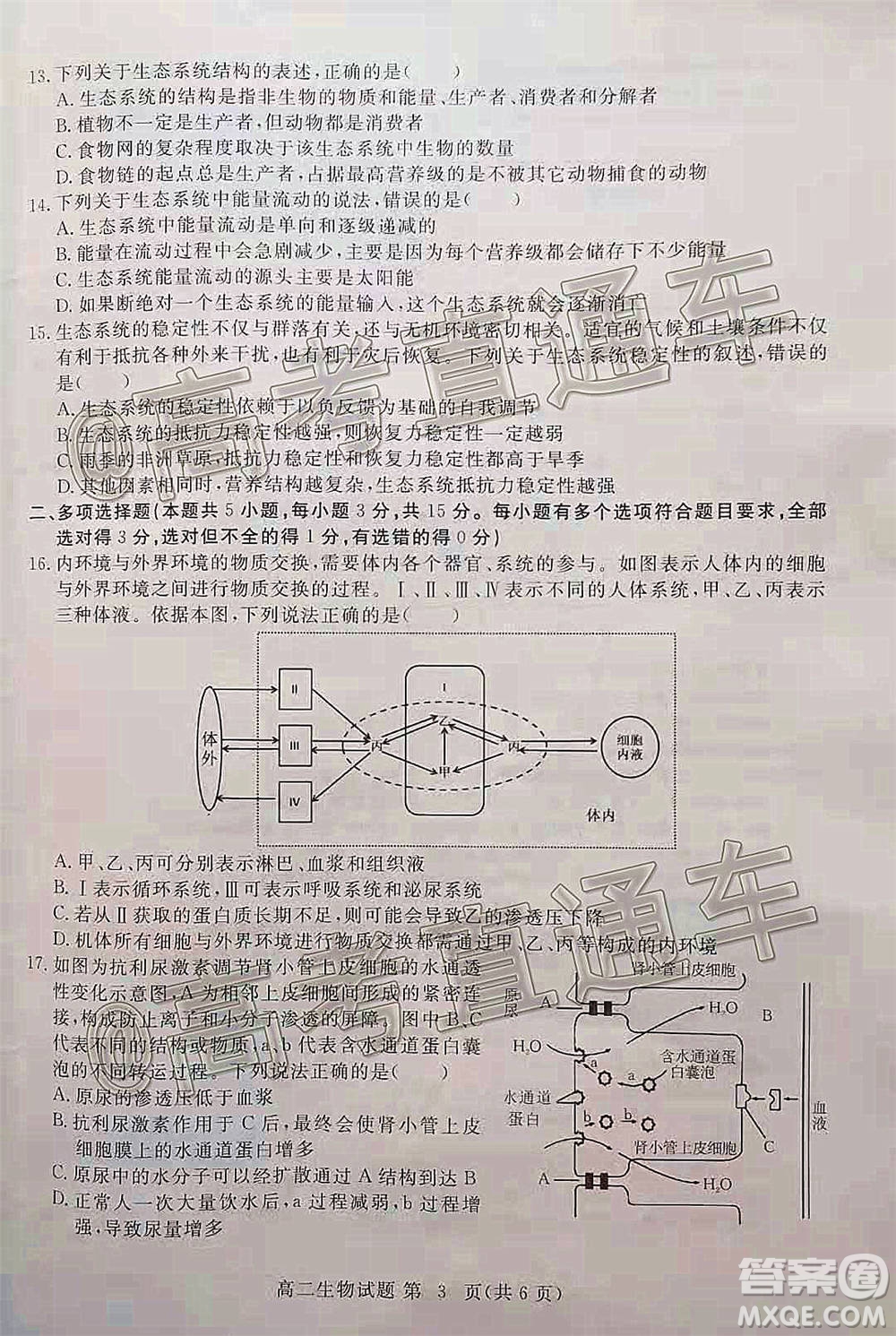 黃岡市2020年秋季高二年級期末調(diào)研考試生物試題及答案