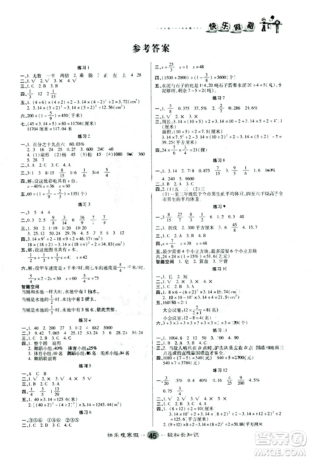 太白文藝出版社2021寒假作業(yè)快樂(lè)假期六年級(jí)數(shù)學(xué)北師版答案