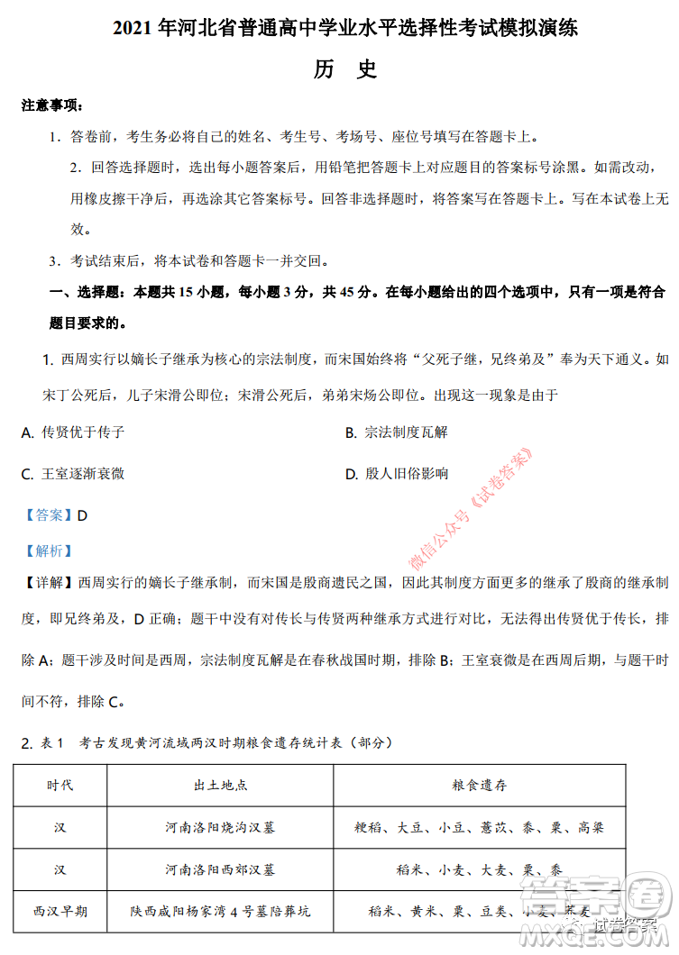 2021年河北省普通高中學(xué)業(yè)水平選擇性考試模擬演練歷史試題及答案