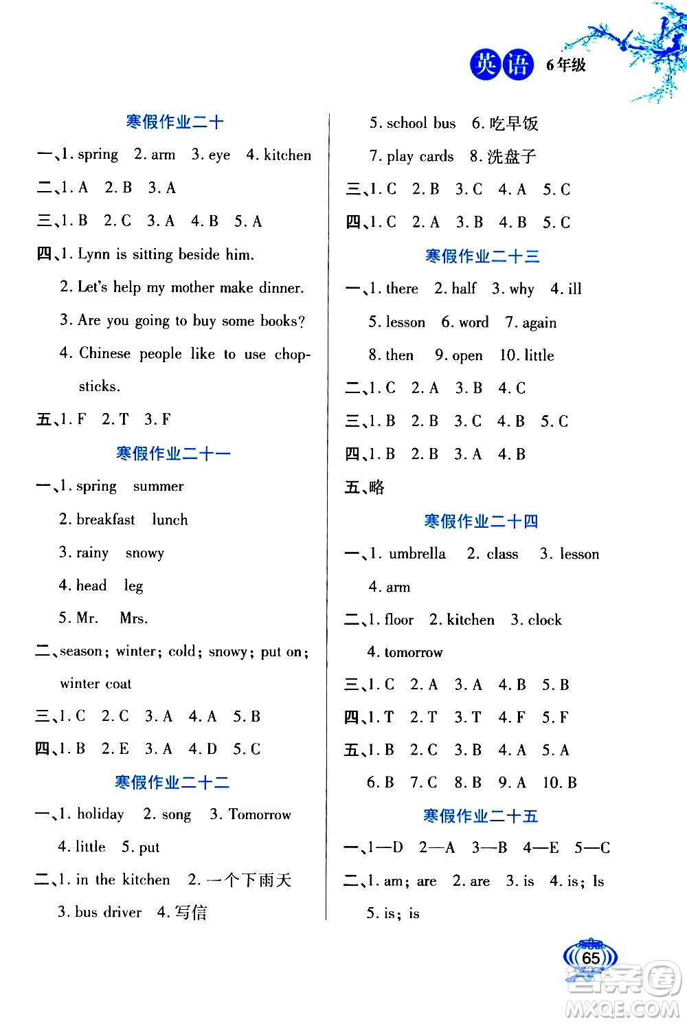 河北美術(shù)出版社2021寒假生活英語六年級冀教版答案