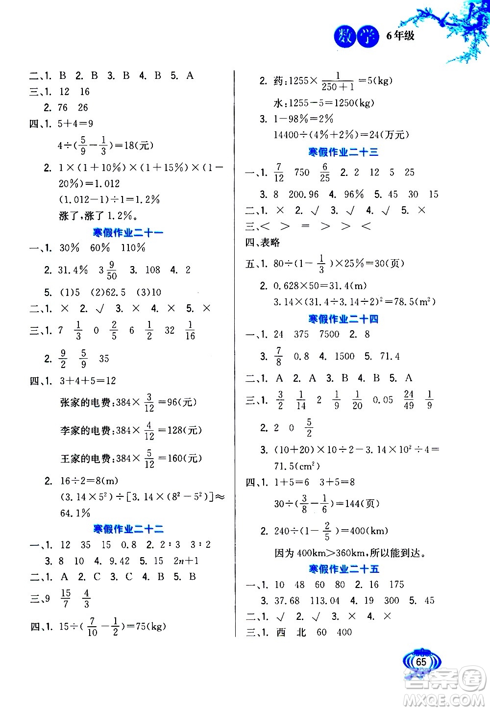 河北美術(shù)出版社2021寒假生活數(shù)學(xué)六年級(jí)人教版答案