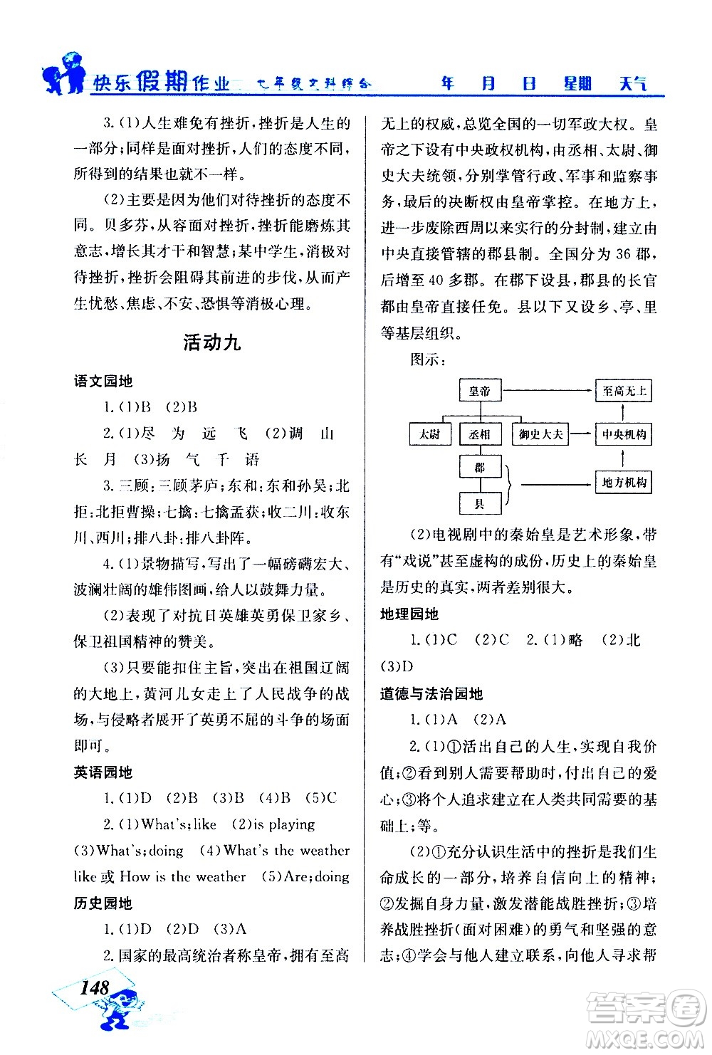 云南科技出版社2021創(chuàng)新成功學習快樂寒假七年級文科綜合人教版答案