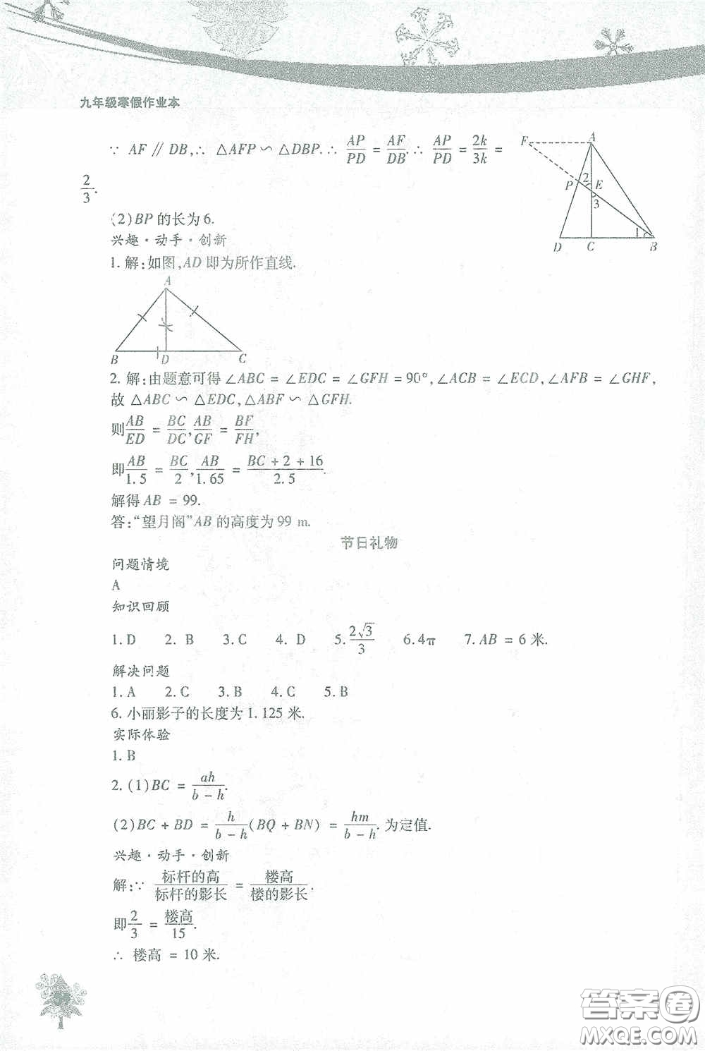 北京教育出版社2021寒假作業(yè)本數學九年級答案