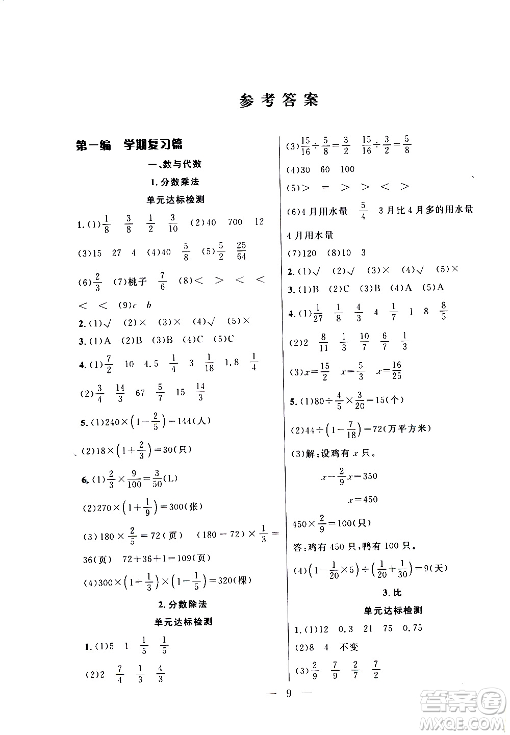 吉林教育出版社2021優(yōu)等生快樂寒假最佳復(fù)習(xí)計劃六年級數(shù)學(xué)RJ人教版答案