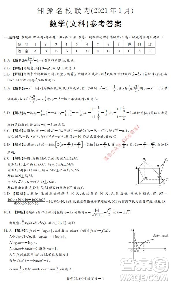 2021年湘豫名校聯(lián)考高三1月聯(lián)考文科數(shù)學試題及答案