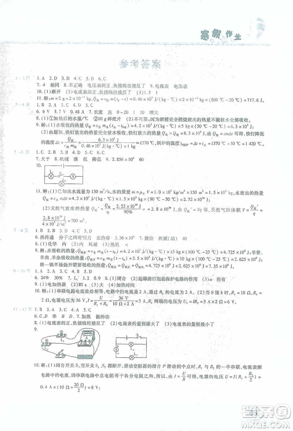 中原農(nóng)民出版社2021豫新銳寒假作業(yè)假期園地九年級物理答案