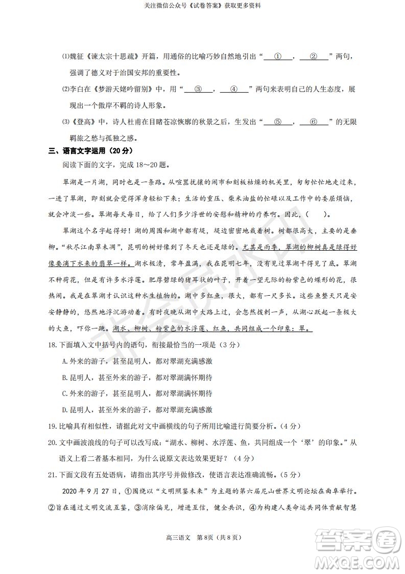 煙臺(tái)2020-2021學(xué)年度第一學(xué)期期末學(xué)業(yè)水平診斷高三語(yǔ)文試題及答案