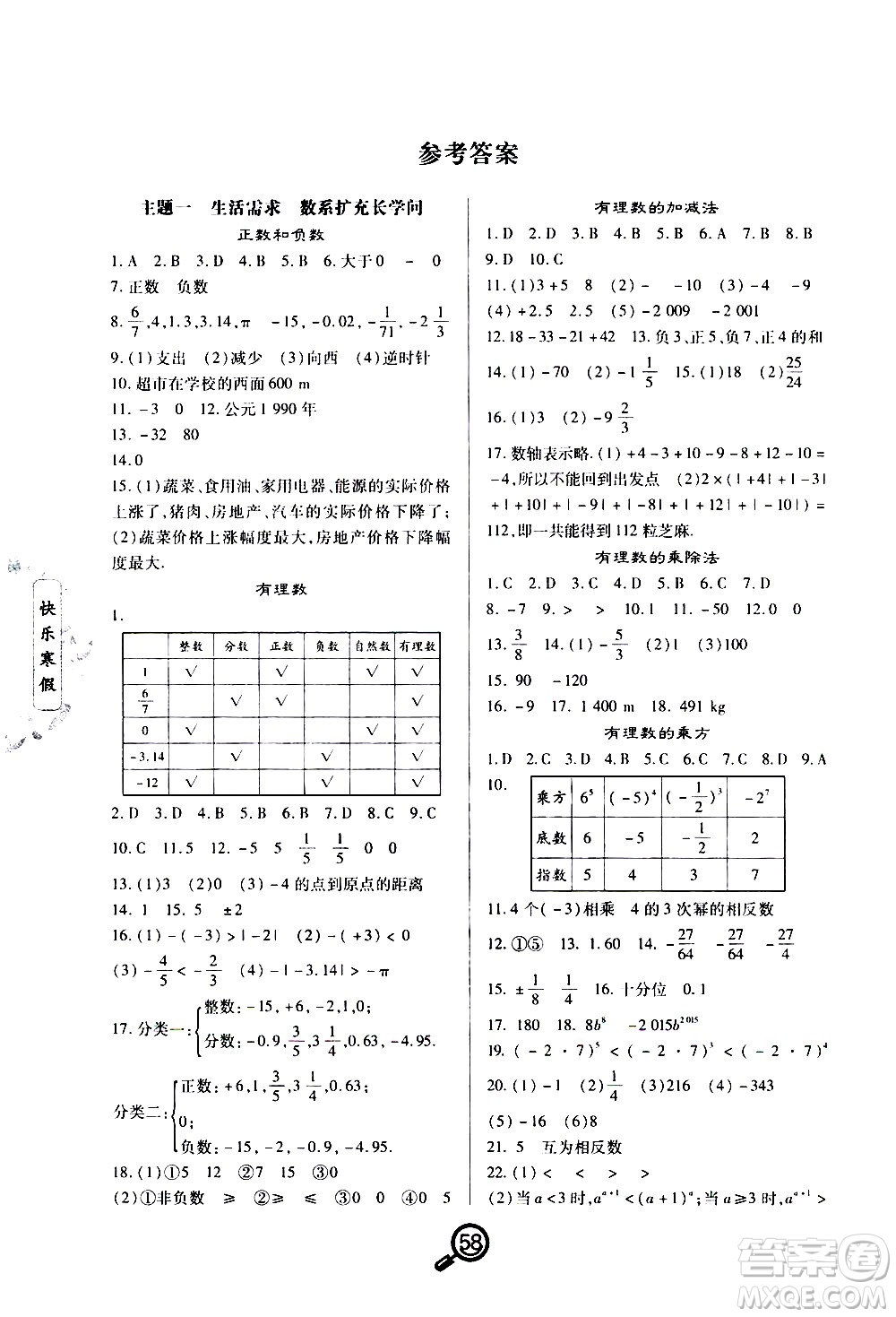 武漢大學(xué)出版社2021Happy寒假作業(yè)快樂寒假七年級數(shù)學(xué)人教版答案