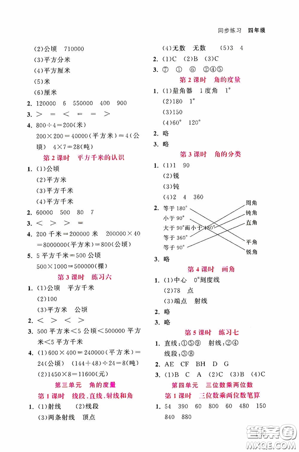 湖北教育出版社2021天天5分鐘同步練習(xí)數(shù)學(xué)四年級答案