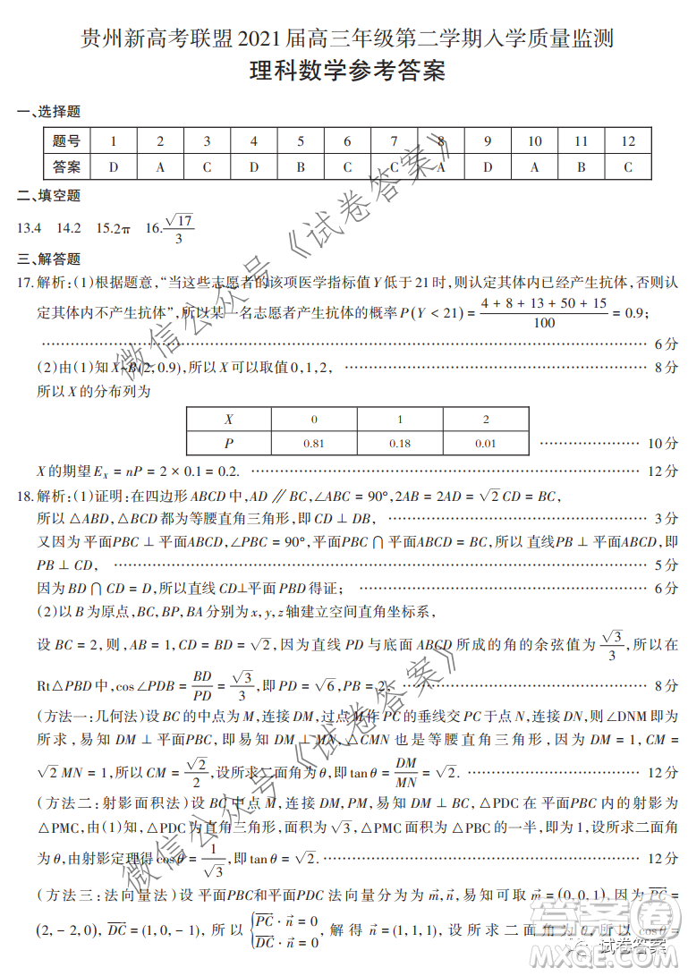 貴州新高考聯(lián)盟2021屆高三年級(jí)第二學(xué)期入學(xué)質(zhì)量監(jiān)測(cè)理科數(shù)學(xué)試題及答案