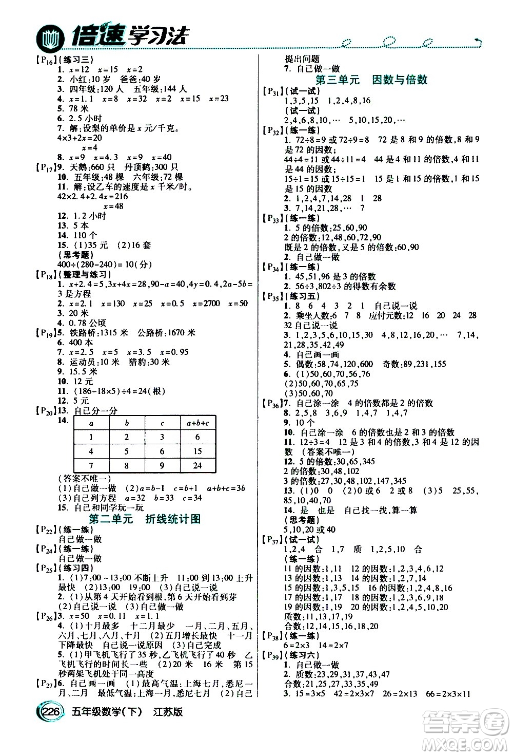 開明出版社2021年倍速學(xué)習(xí)法五年級下冊數(shù)學(xué)江蘇版答案