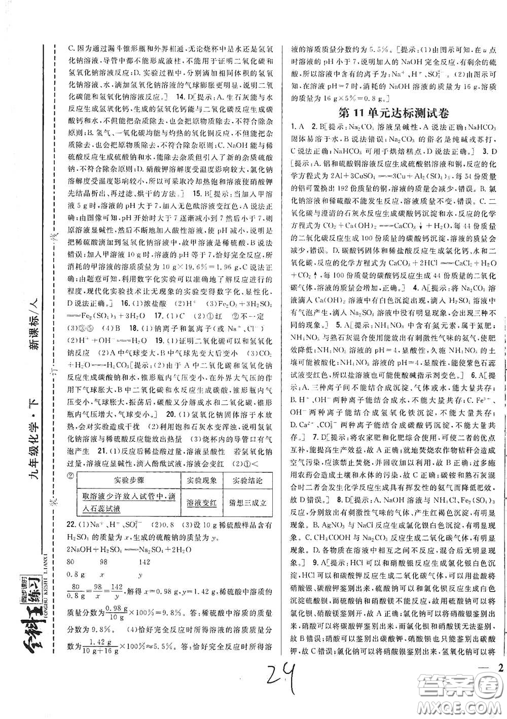 吉林人民出版社2021全科王同步課時(shí)練習(xí)九年級(jí)化學(xué)下冊(cè)新課標(biāo)人教版答案