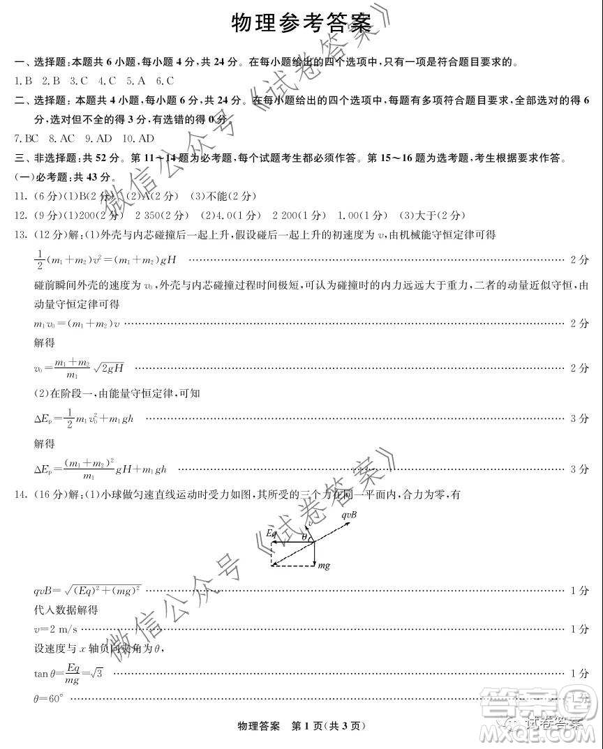 河北省2021屆高三第二次診斷考試物理試題及答案