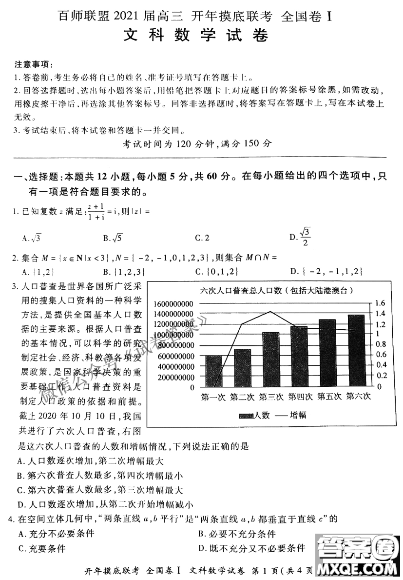 百師聯(lián)盟2021屆高三開(kāi)年摸底聯(lián)考全國(guó)卷I文科數(shù)學(xué)試卷及答案