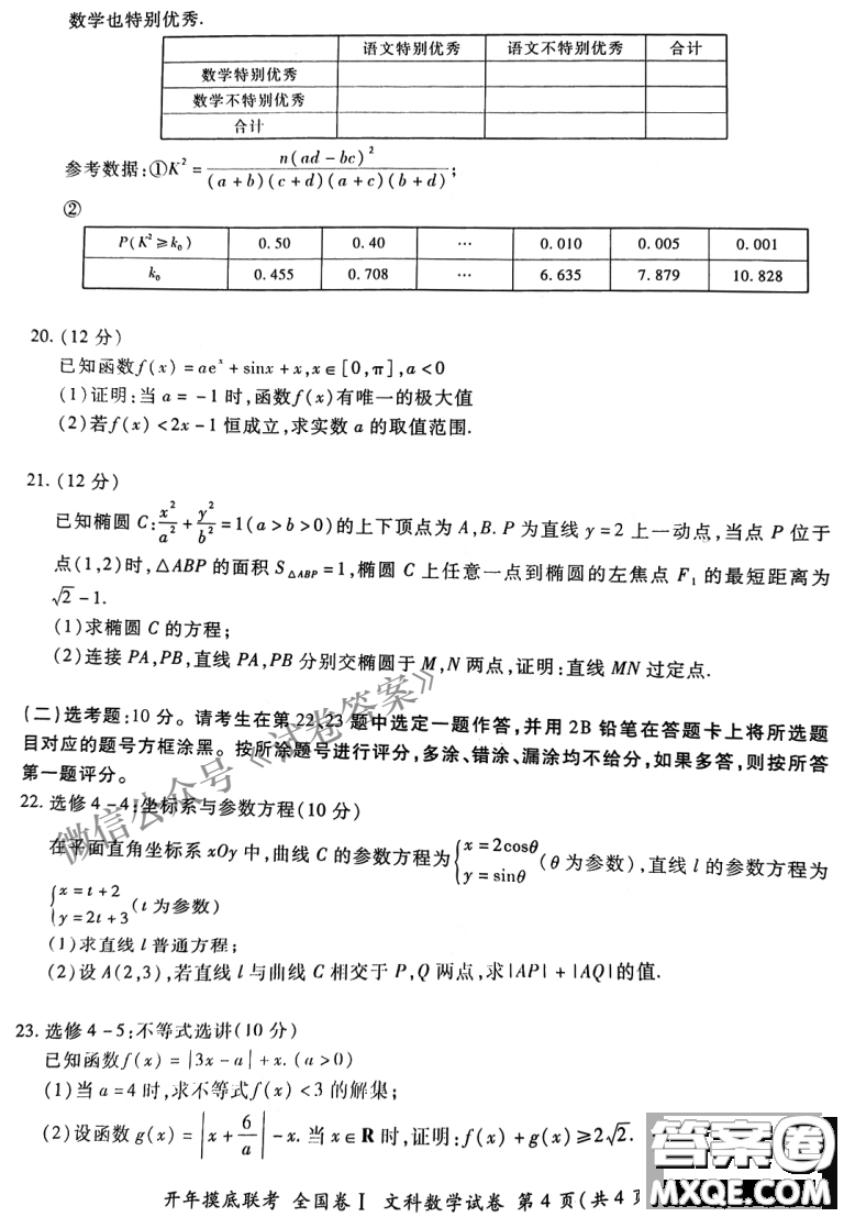 百師聯(lián)盟2021屆高三開(kāi)年摸底聯(lián)考全國(guó)卷I文科數(shù)學(xué)試卷及答案