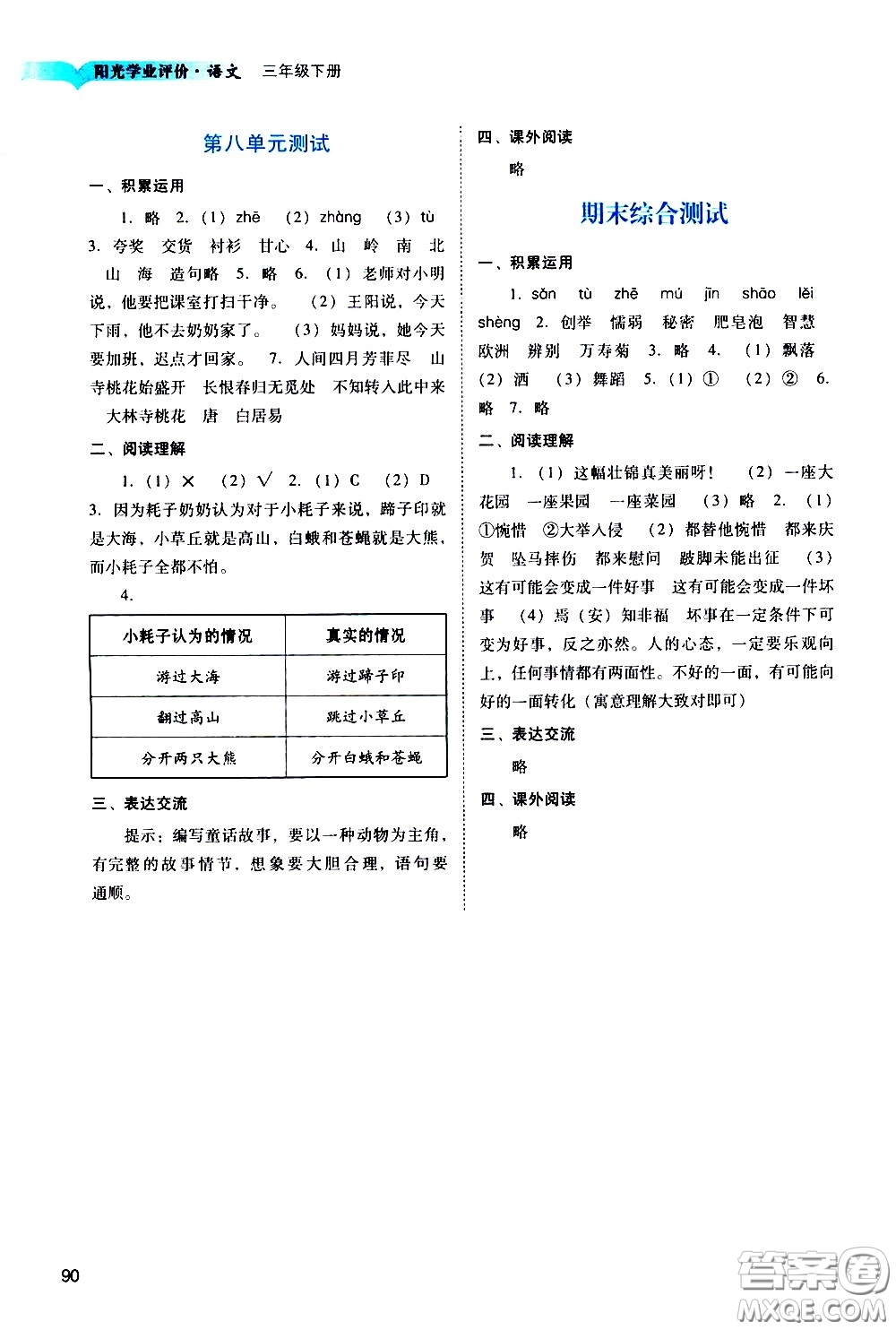 廣州出版社2021陽光學(xué)業(yè)評價(jià)語文三年級下冊人教版答案