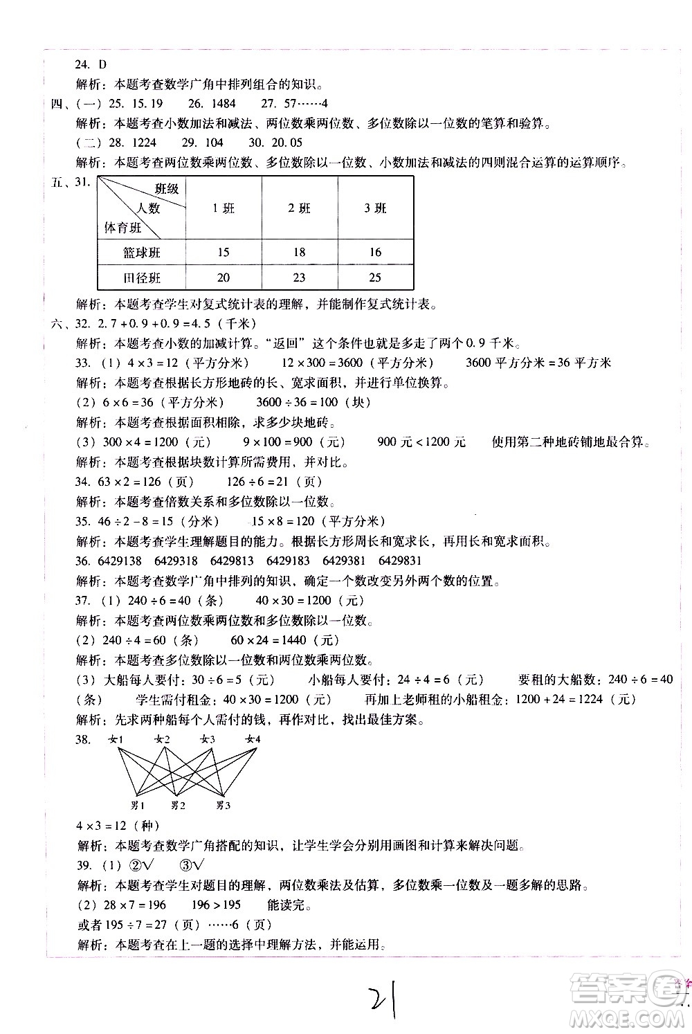 云南教育出版社2021小學(xué)能力監(jiān)測(cè)標(biāo)準(zhǔn)卷數(shù)學(xué)三年級(jí)下冊(cè)人教版答案