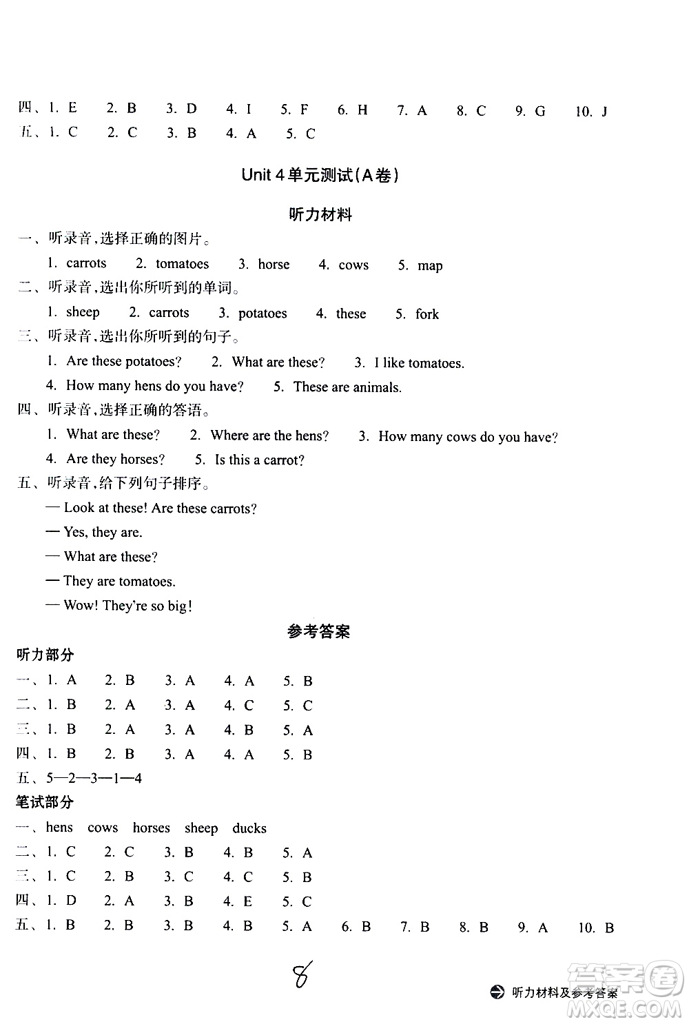 浙江教育出版社2021新編單元能力訓練卷英語四年級下冊人教版答案