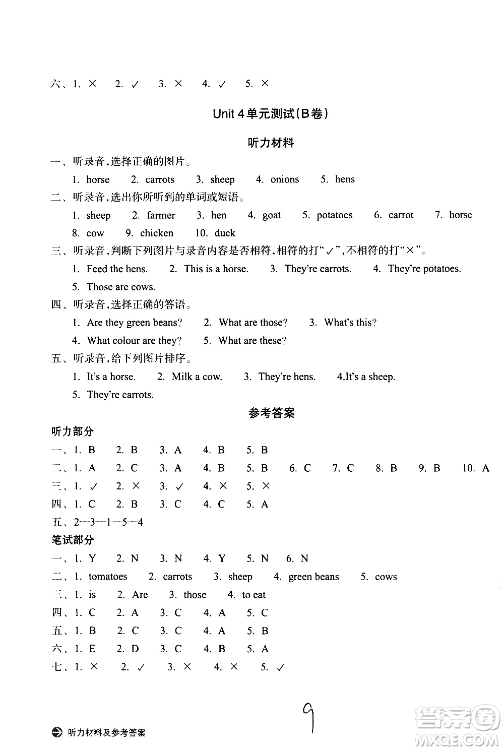 浙江教育出版社2021新編單元能力訓練卷英語四年級下冊人教版答案