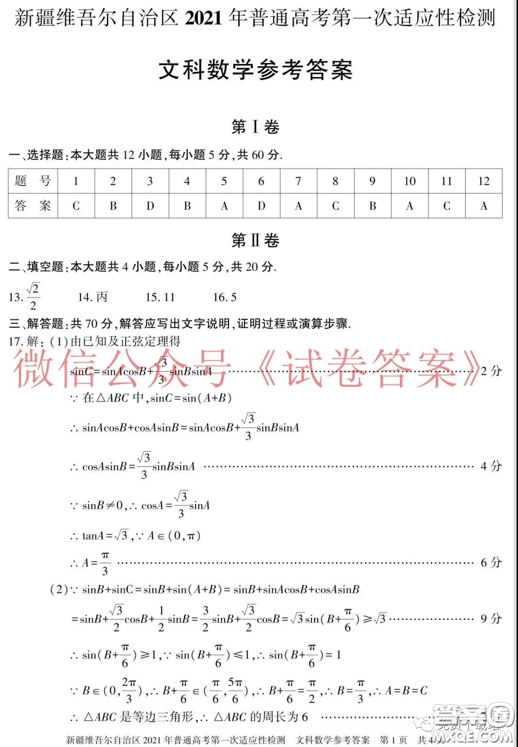 新疆維吾爾自治區(qū)2021年普通高考第一次適應(yīng)性檢測文科數(shù)學(xué)試題及答案