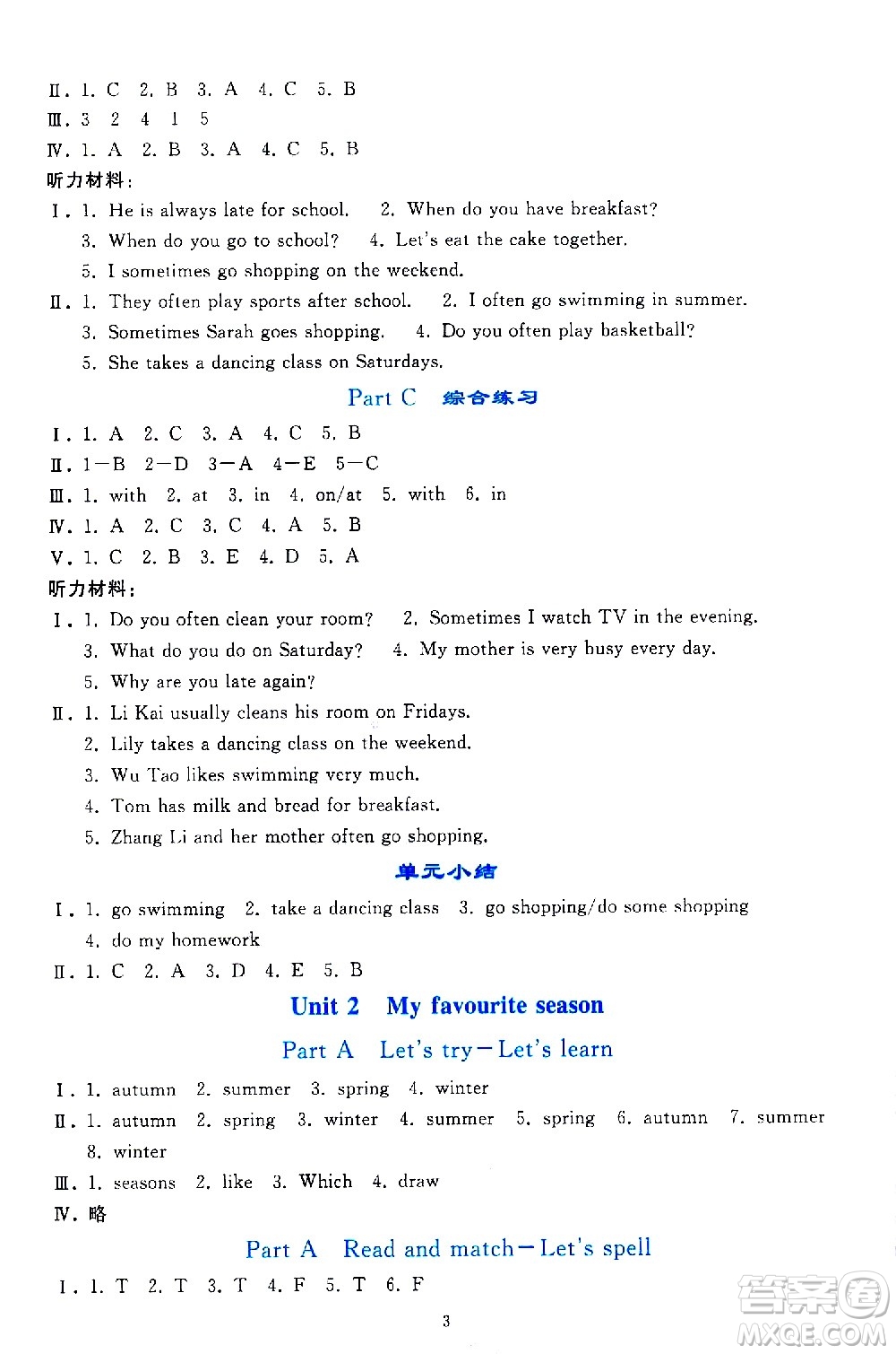 人民教育出版社2021同步輕松練習(xí)英語(yǔ)五年級(jí)下冊(cè)人教版答案