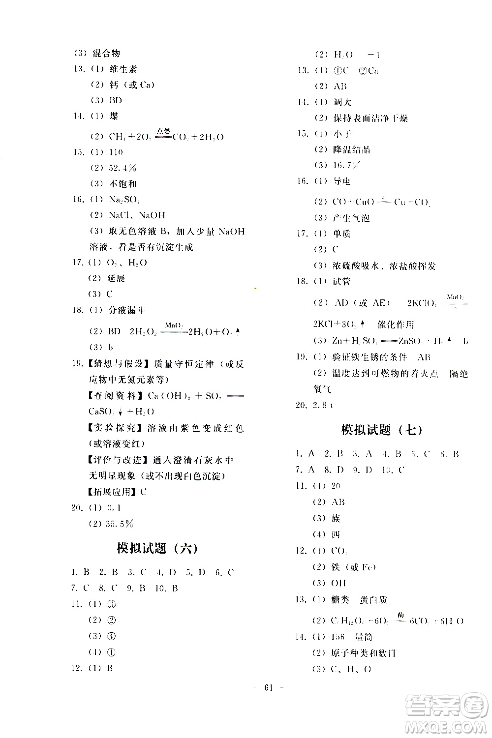 人民教育出版社2021同步輕松練習(xí)化學(xué)九年級總復(fù)習(xí)人教版答案