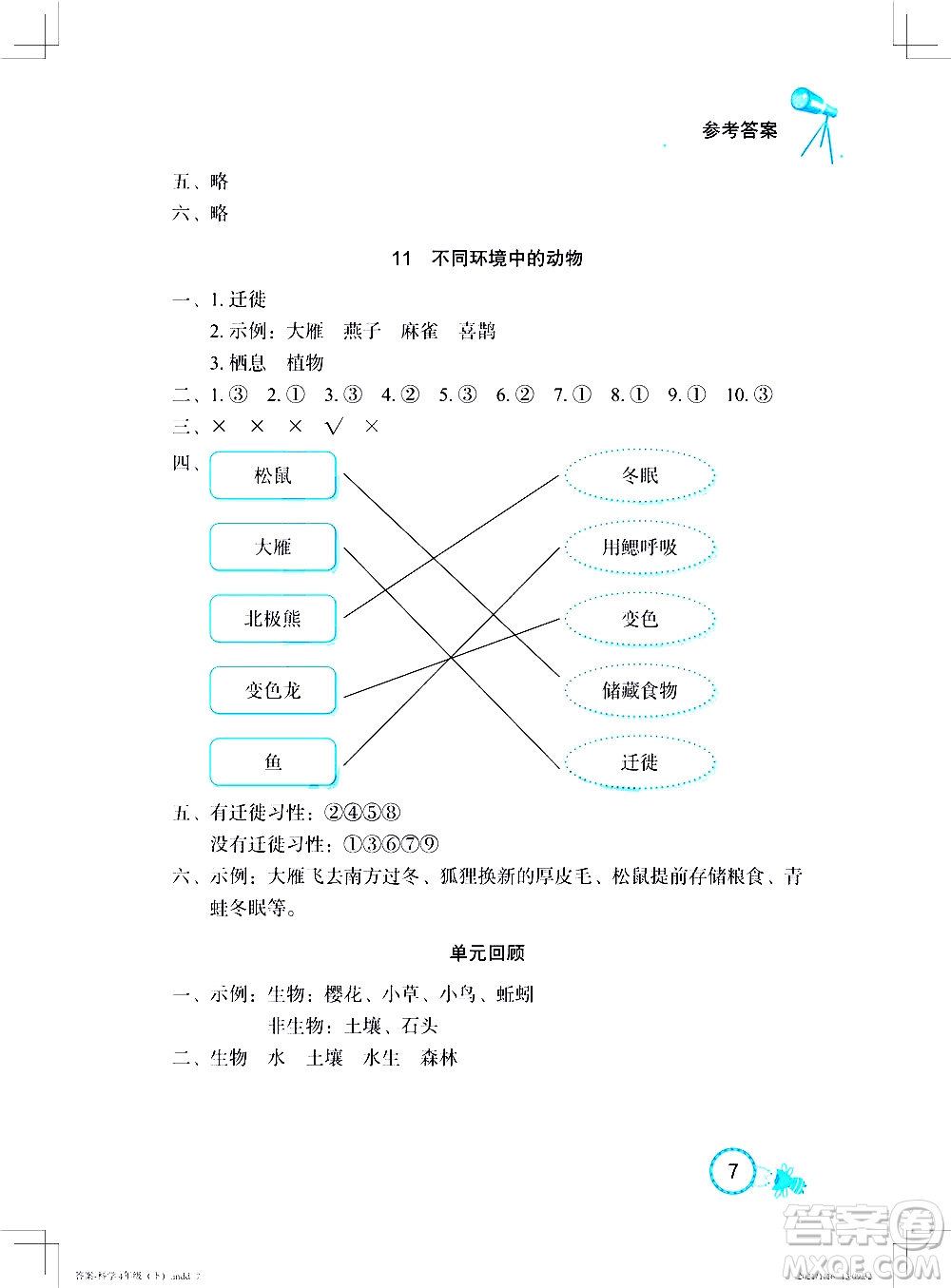 湖北教育出版社2021長江作業(yè)本課堂作業(yè)科學(xué)四年級下冊人教鄂教版答案