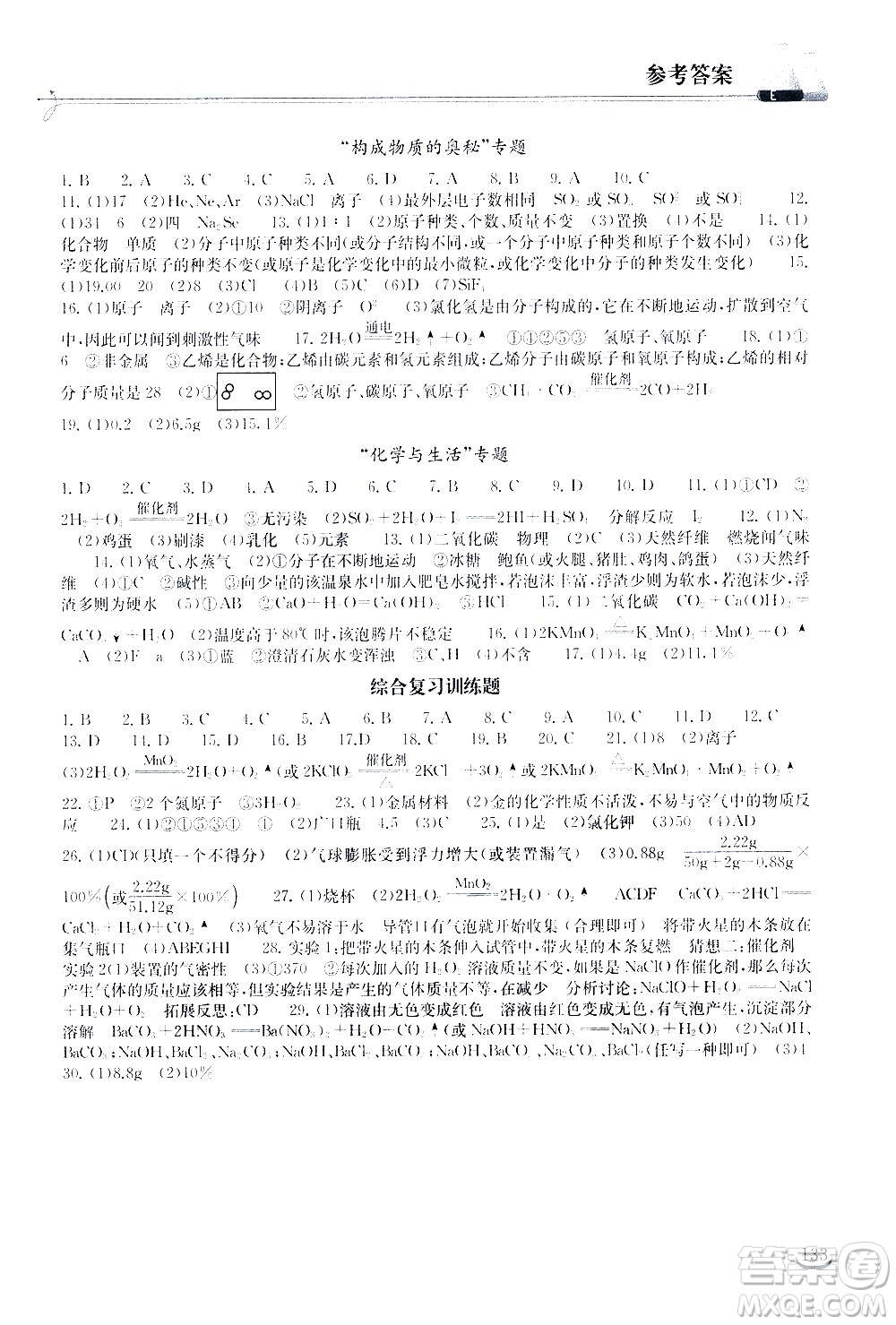 湖北教育出版社2021長(zhǎng)江作業(yè)本同步練習(xí)冊(cè)化學(xué)九年級(jí)下冊(cè)人教版答案