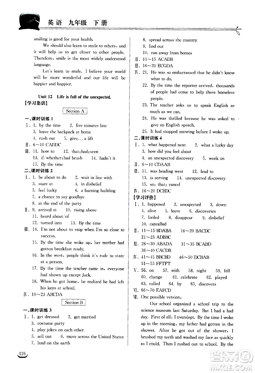 湖北教育出版社2021長江作業(yè)本同步練習(xí)冊英語九年級下冊人教版答案