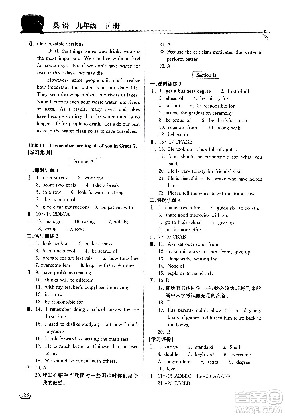 湖北教育出版社2021長江作業(yè)本同步練習(xí)冊英語九年級下冊人教版答案