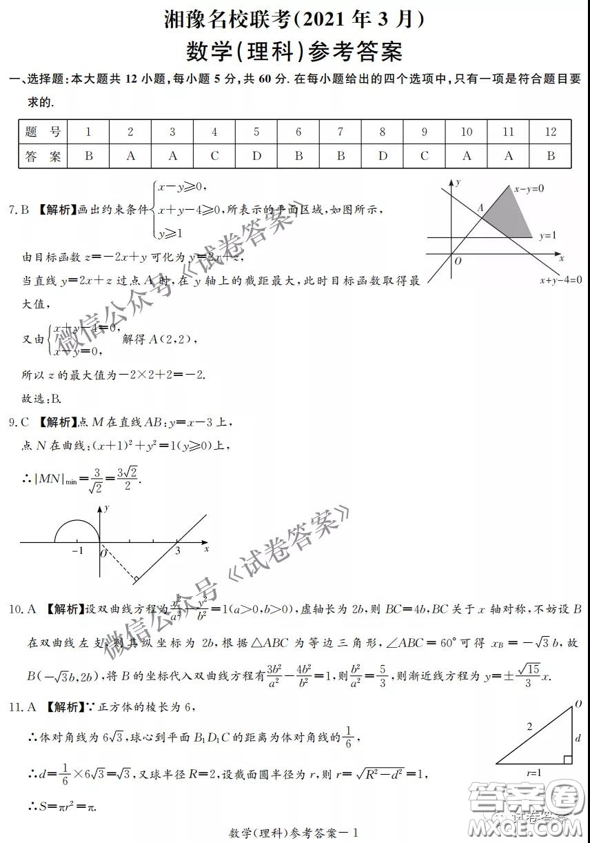 2021年3月湘豫名校聯(lián)考高三理科數(shù)學(xué)試題及答案