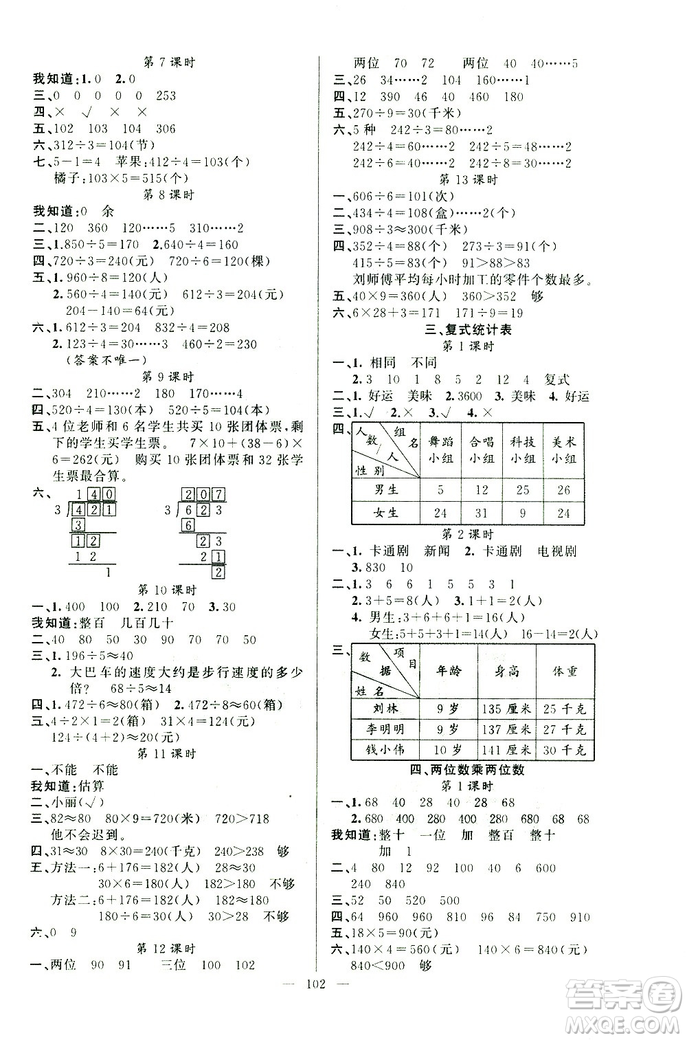 新疆青少年出版社2021原創(chuàng)新課堂數(shù)學(xué)三年級下RJ人教版答案