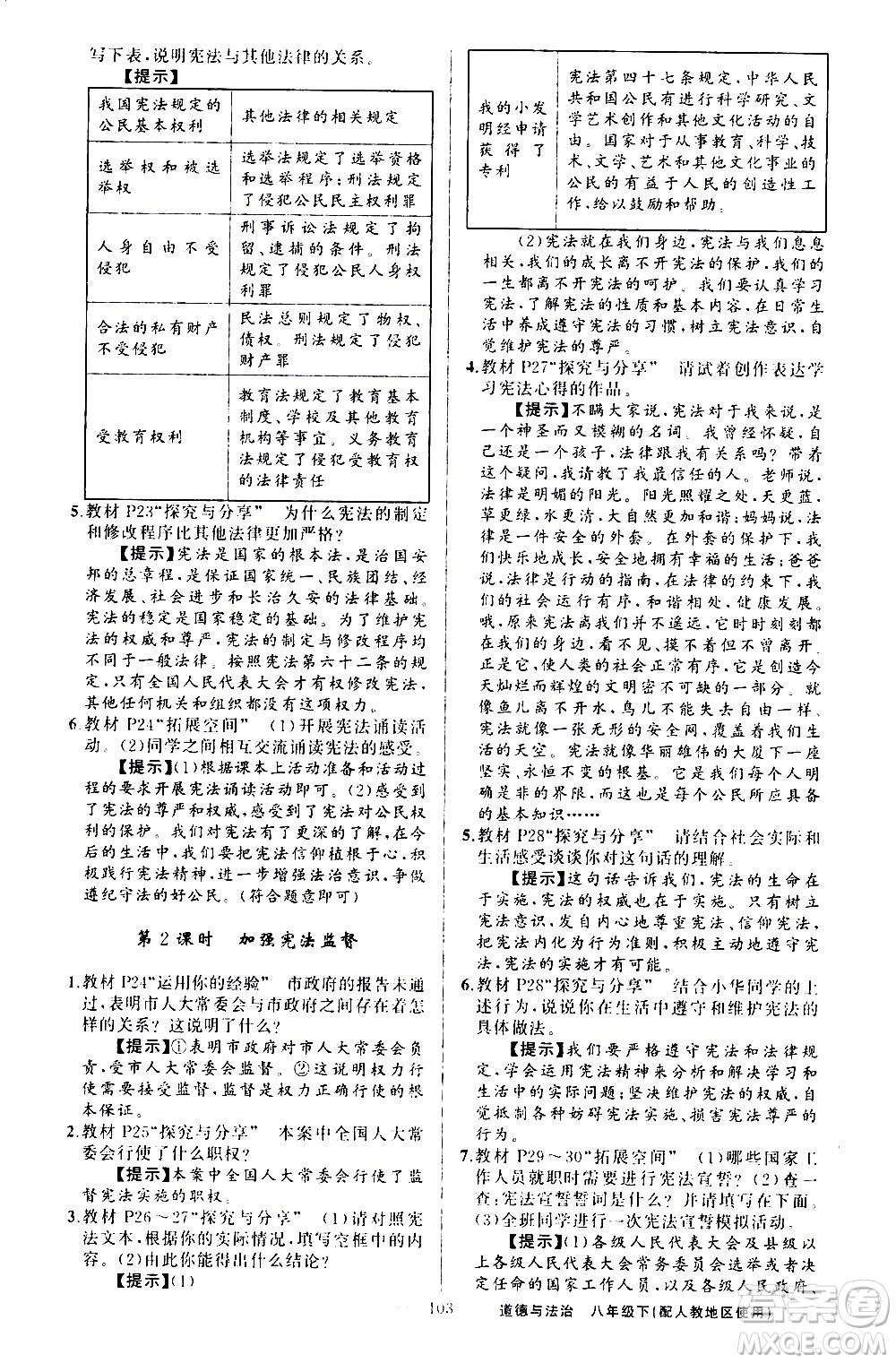 新疆青少年出版社2021原創(chuàng)新課堂道德與法治八年級(jí)下人教版答案