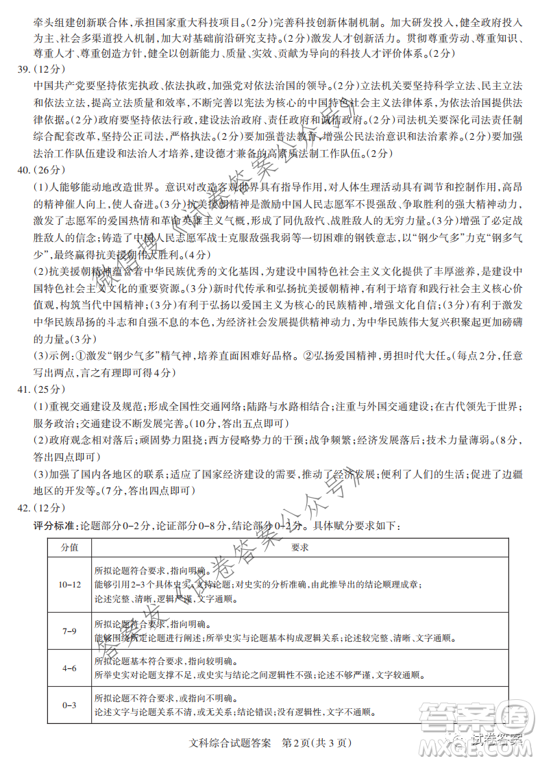 2021年山西省高考考前適應(yīng)性測(cè)試文科綜合答案