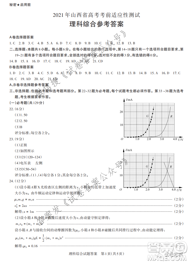 2021年山西省高考考前適應(yīng)性測試?yán)砜凭C合答案