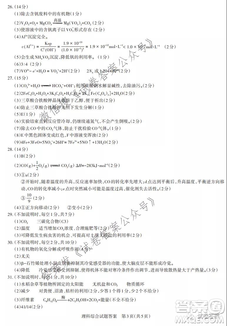 2021年山西省高考考前適應(yīng)性測試?yán)砜凭C合答案