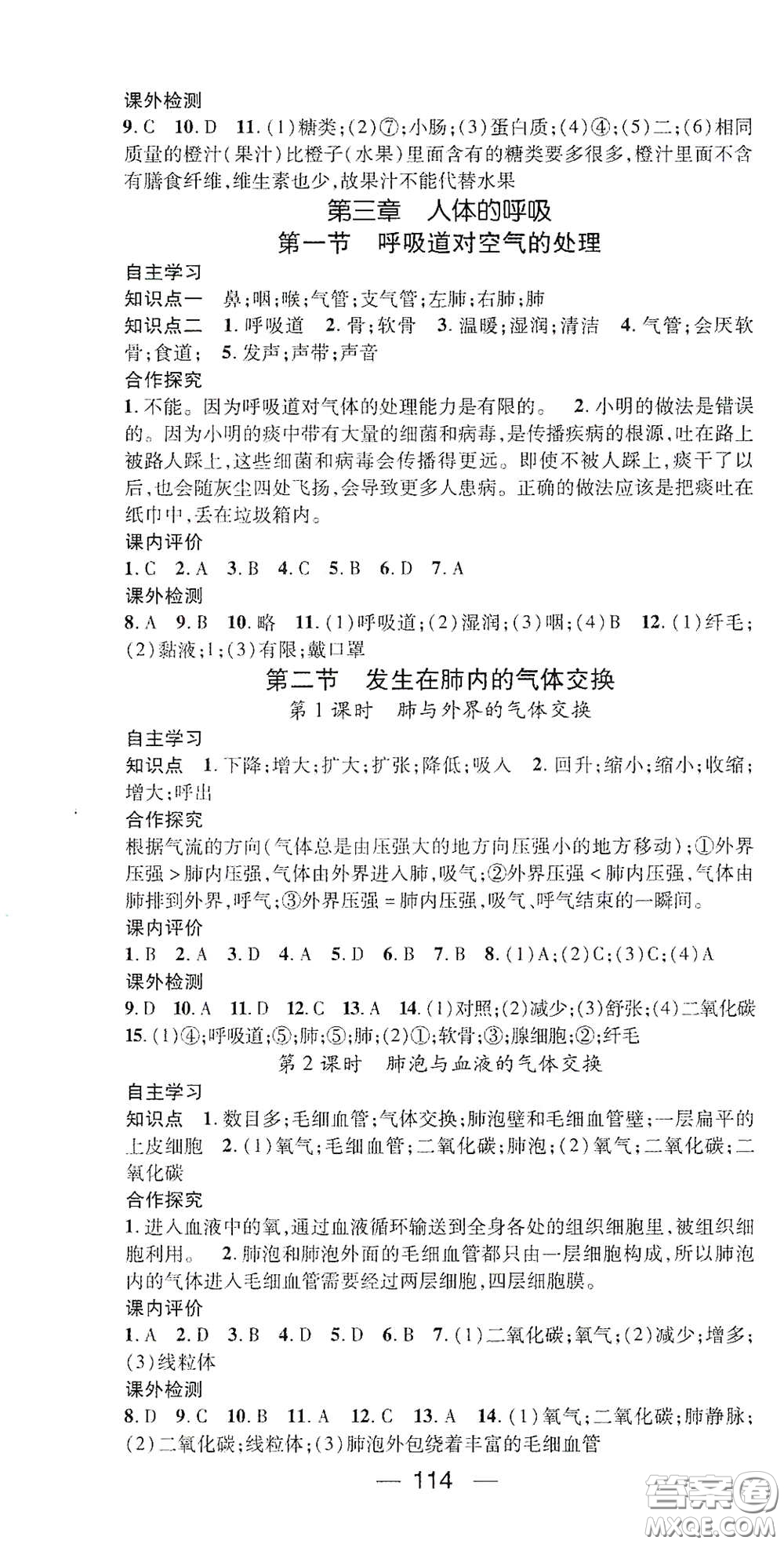 陽光出版社2021精英新課堂七年級生物下冊人教版答案