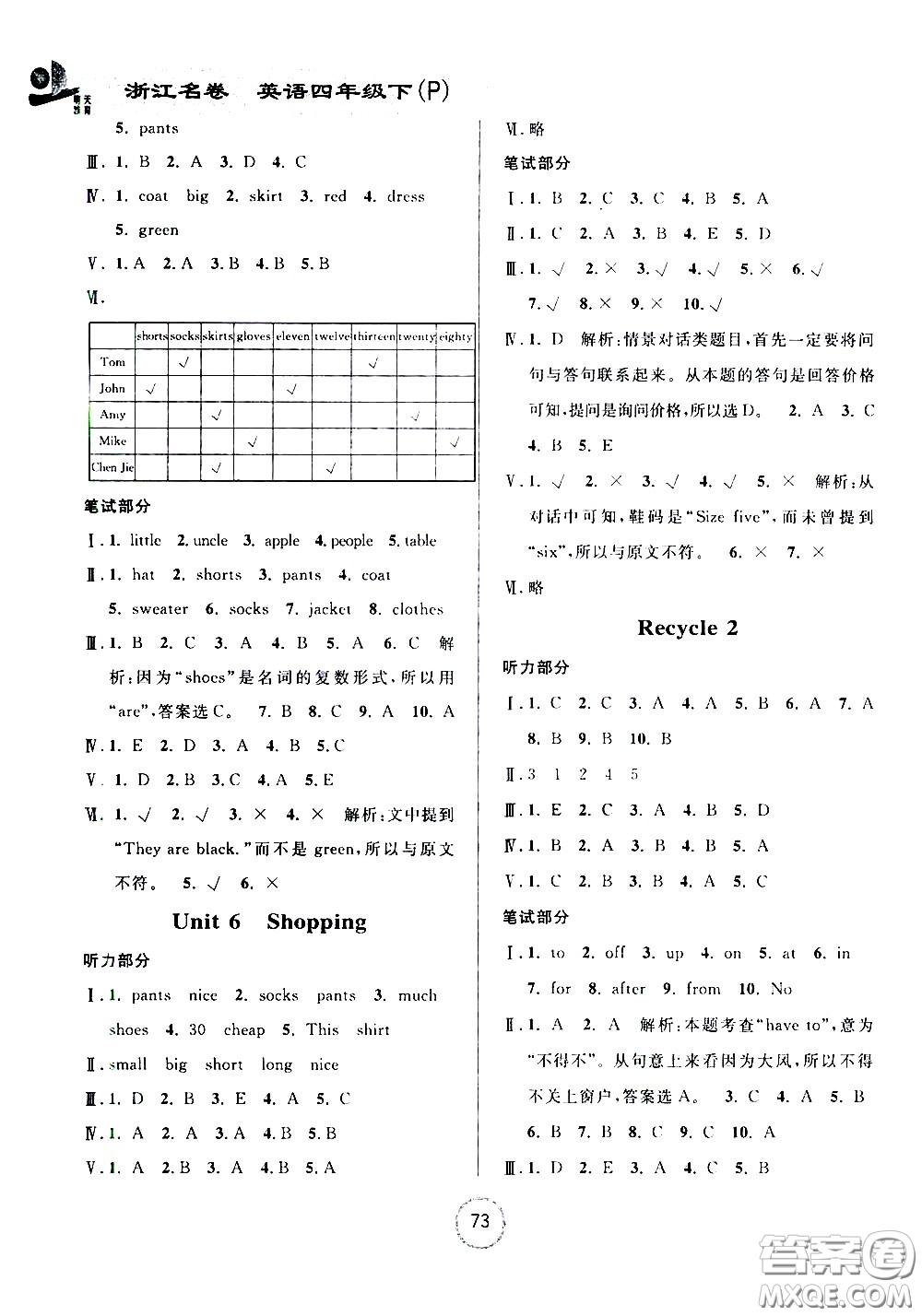 浙江大學(xué)出版社2021浙江名卷英語(yǔ)四年級(jí)下冊(cè)P人教版答案