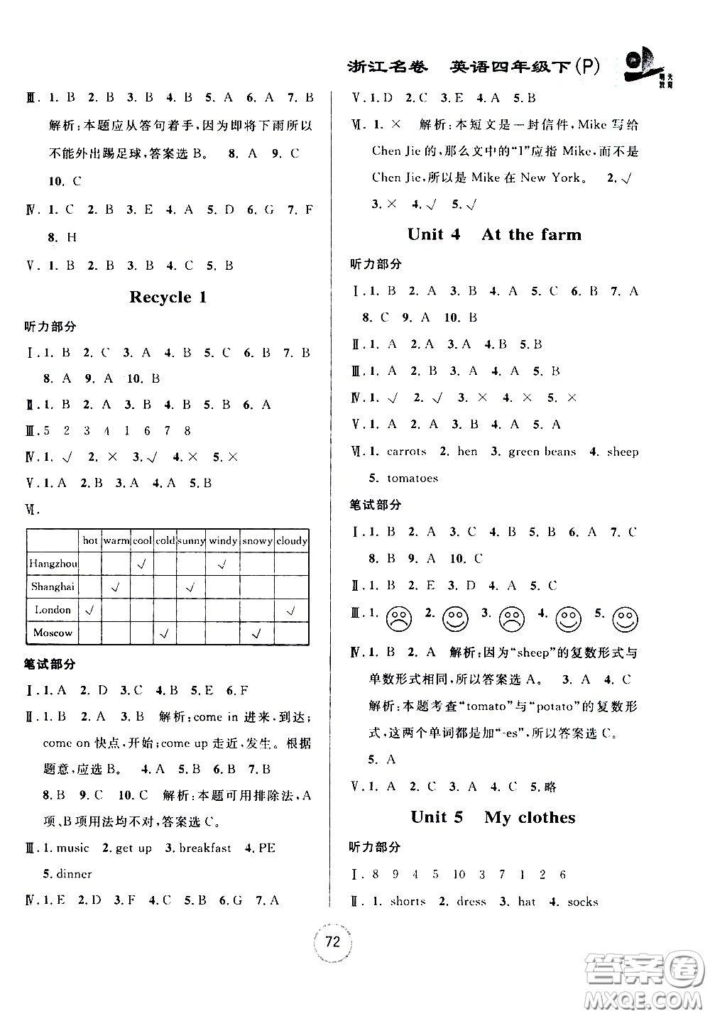 浙江大學(xué)出版社2021浙江名卷英語(yǔ)四年級(jí)下冊(cè)P人教版答案