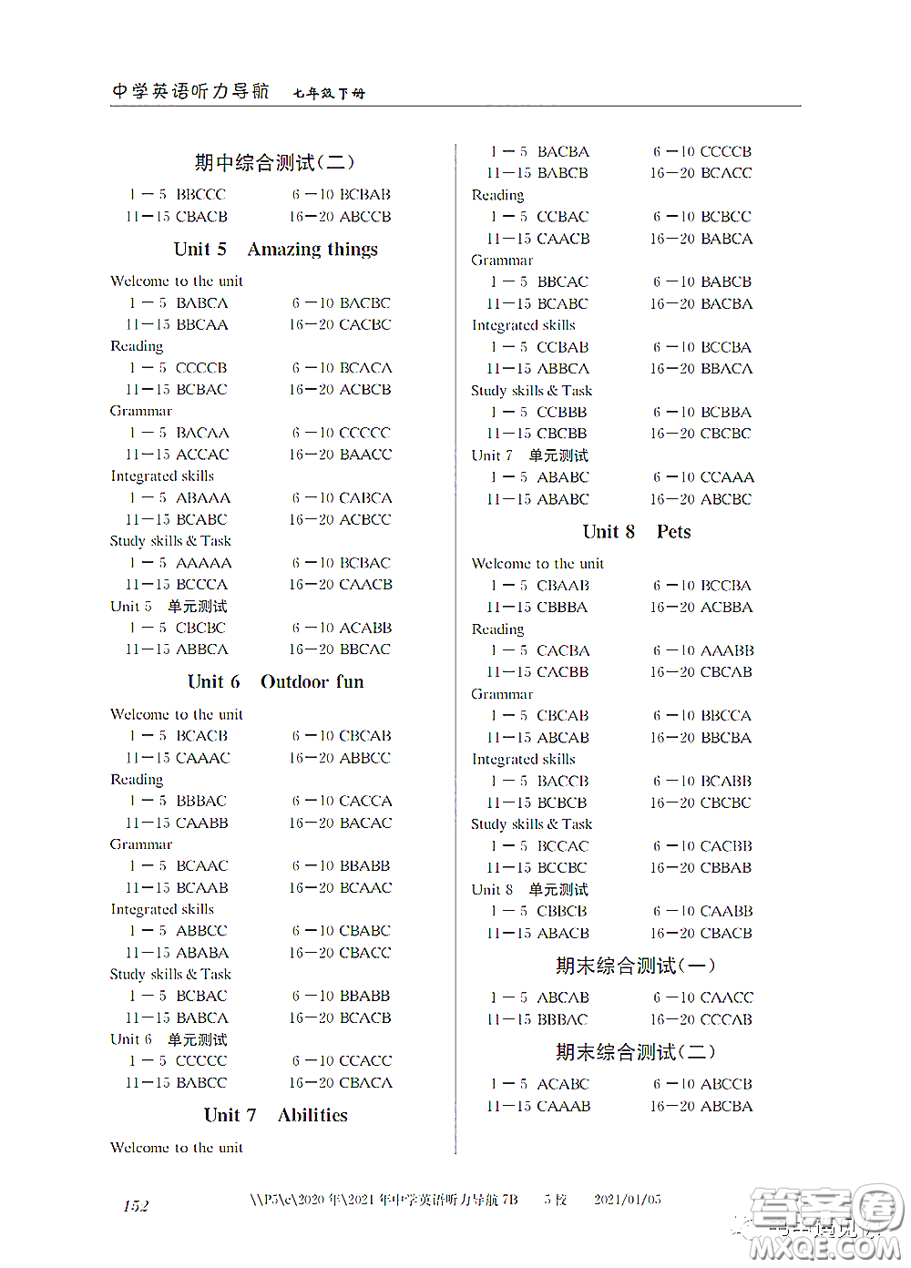 2021中學英語聽力導(dǎo)航七年級下冊答案