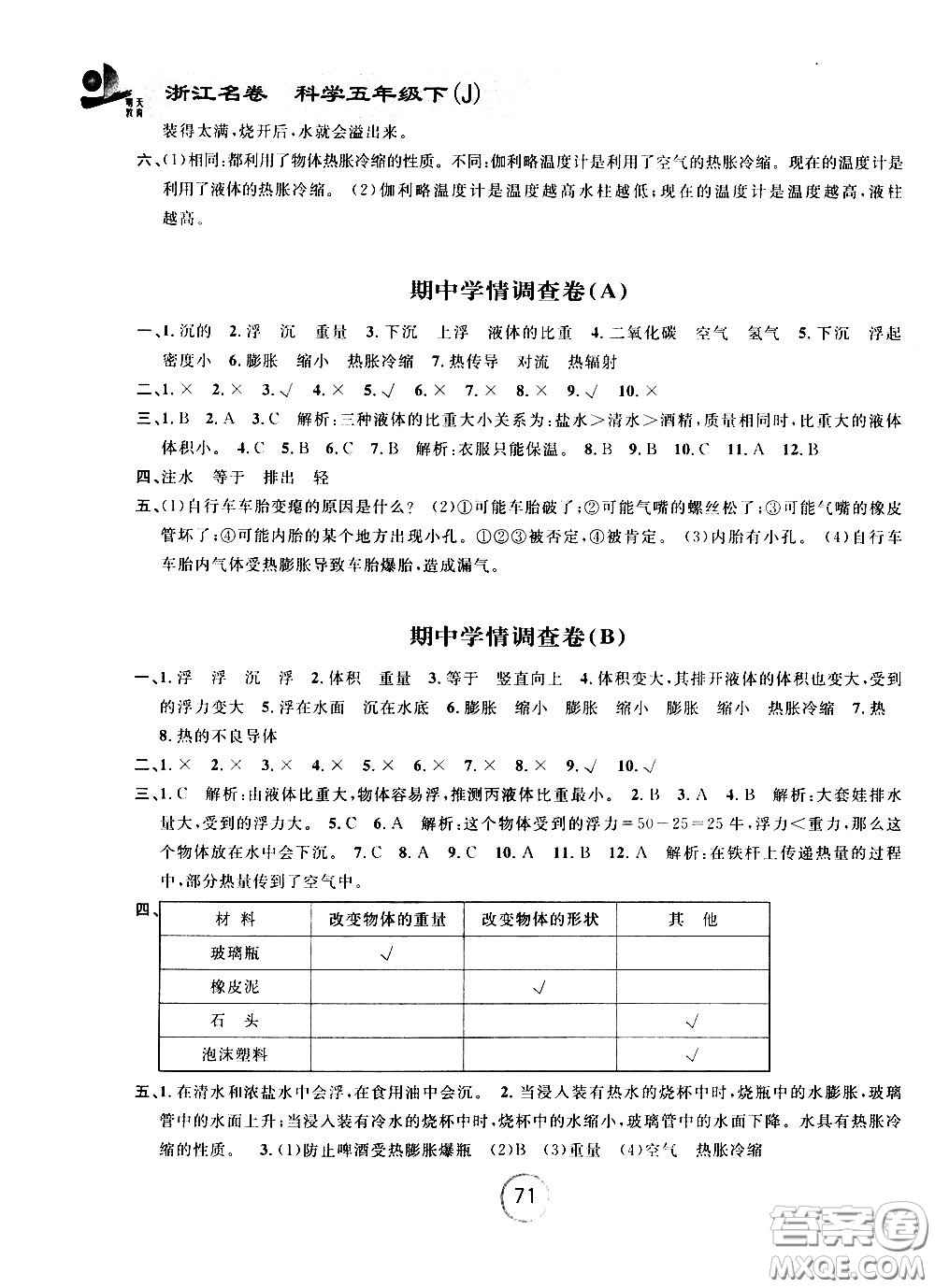 浙江大學(xué)出版社2021浙江名卷科學(xué)五年級(jí)下冊(cè)J教科版答案