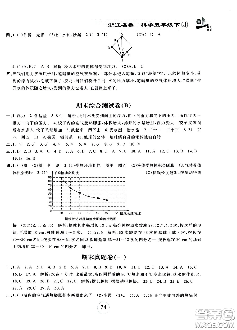 浙江大學(xué)出版社2021浙江名卷科學(xué)五年級(jí)下冊(cè)J教科版答案