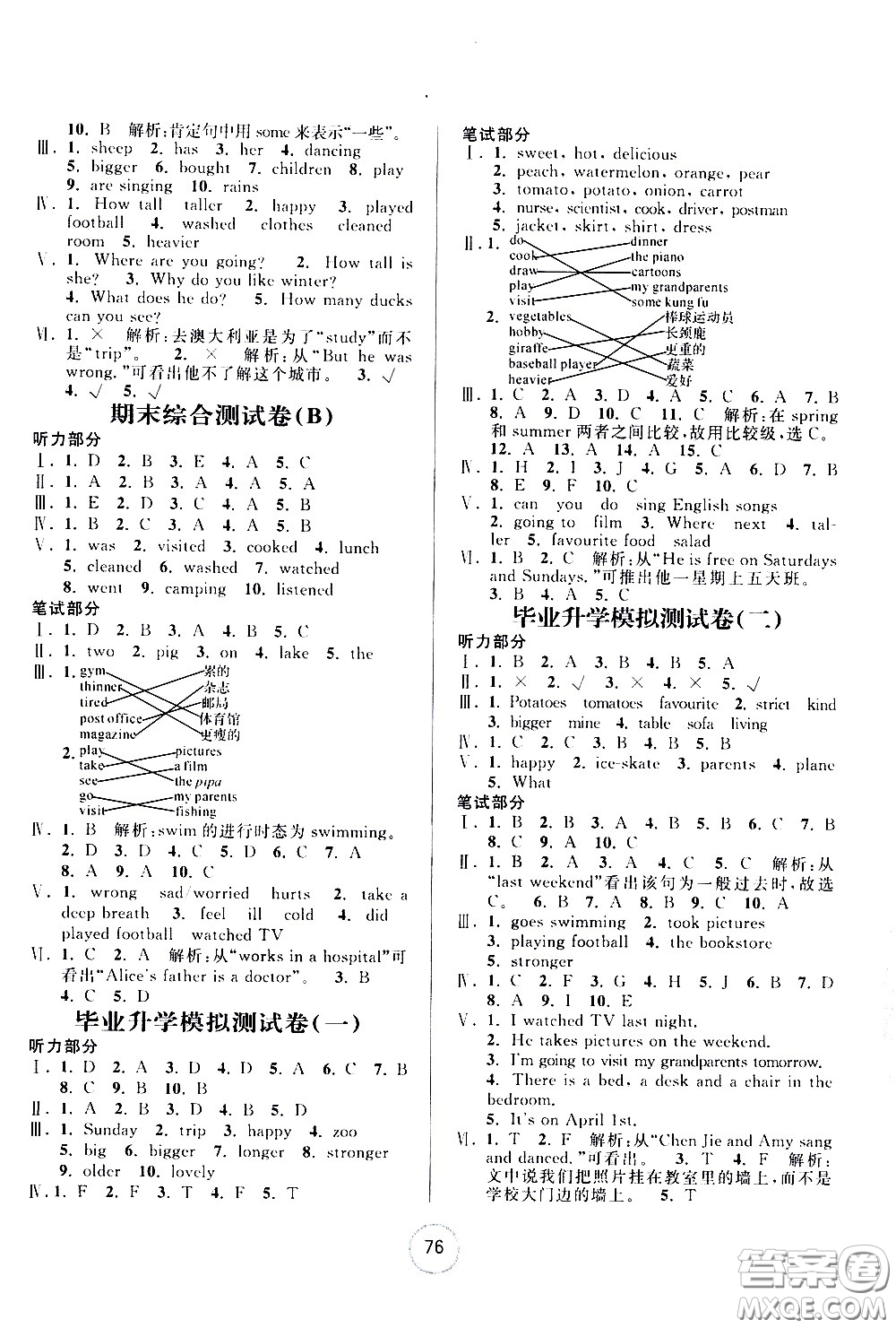 浙江大學(xué)出版社2021浙江名卷英語(yǔ)六年級(jí)下冊(cè)P人教版答案