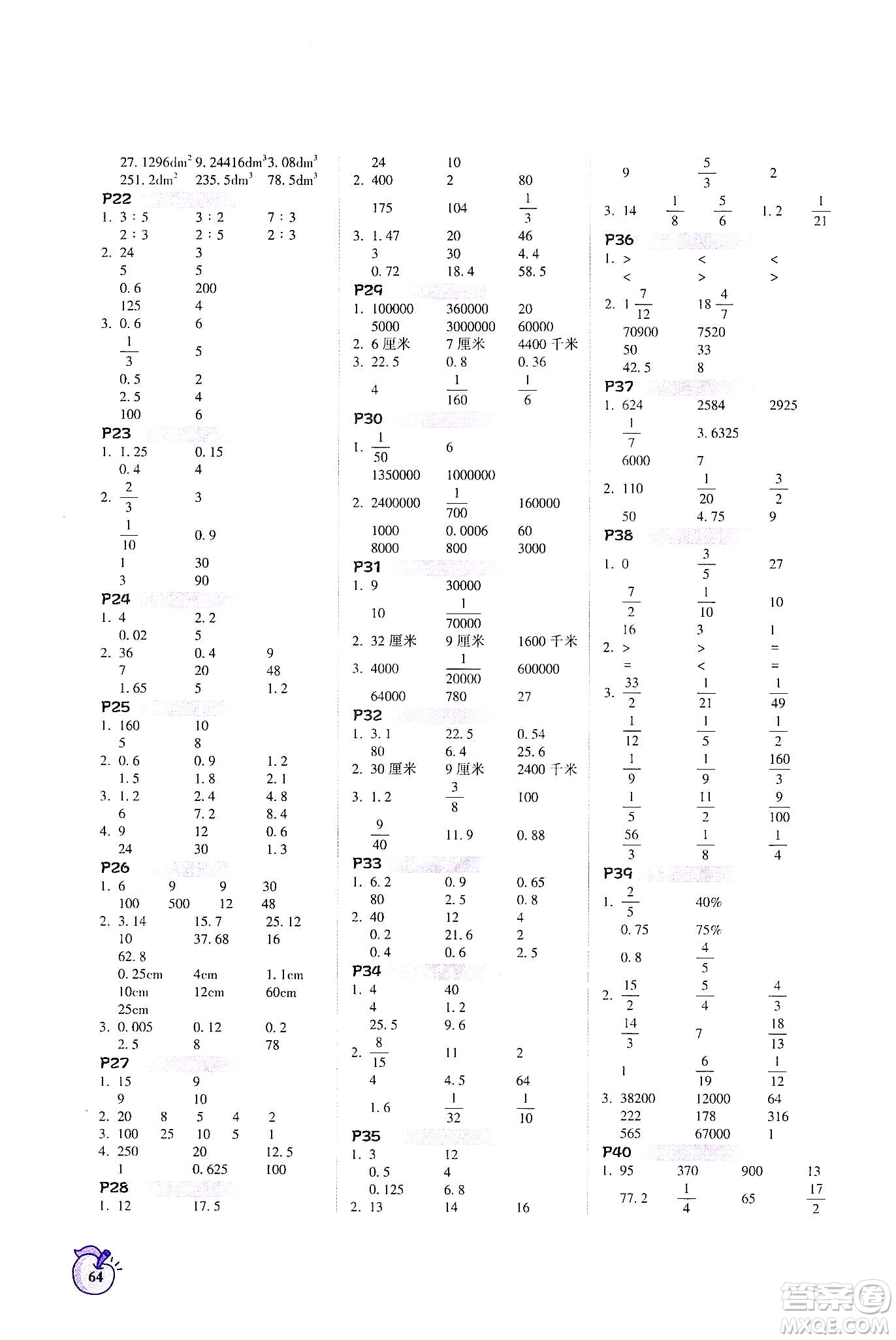 遼寧教育出版社2021年尖子生計算作業(yè)本六年級人教版下冊答案