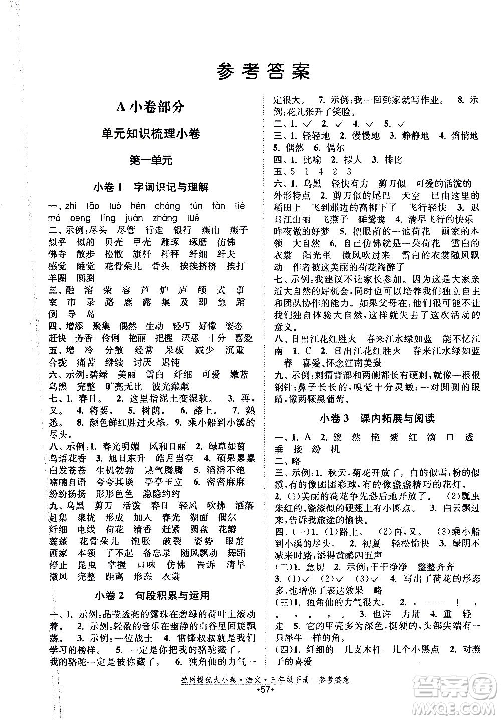 福建人民出版社2021拉網(wǎng)提優(yōu)大小卷語(yǔ)文三年級(jí)下冊(cè)人教版答案