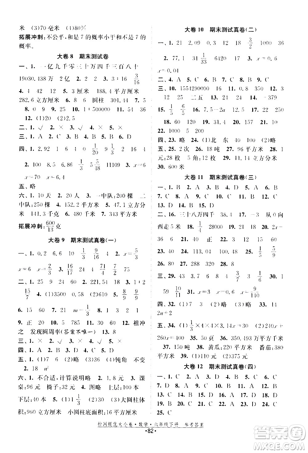 福建人民出版社2021拉網(wǎng)提優(yōu)大小卷數(shù)學(xué)六年級下冊SJ蘇教版答案