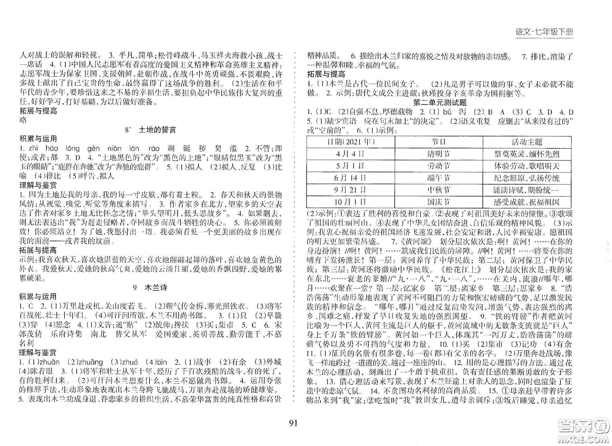 海南出版社2021新課程課堂同步練習(xí)冊(cè)七年級(jí)語(yǔ)文下冊(cè)人教版答案