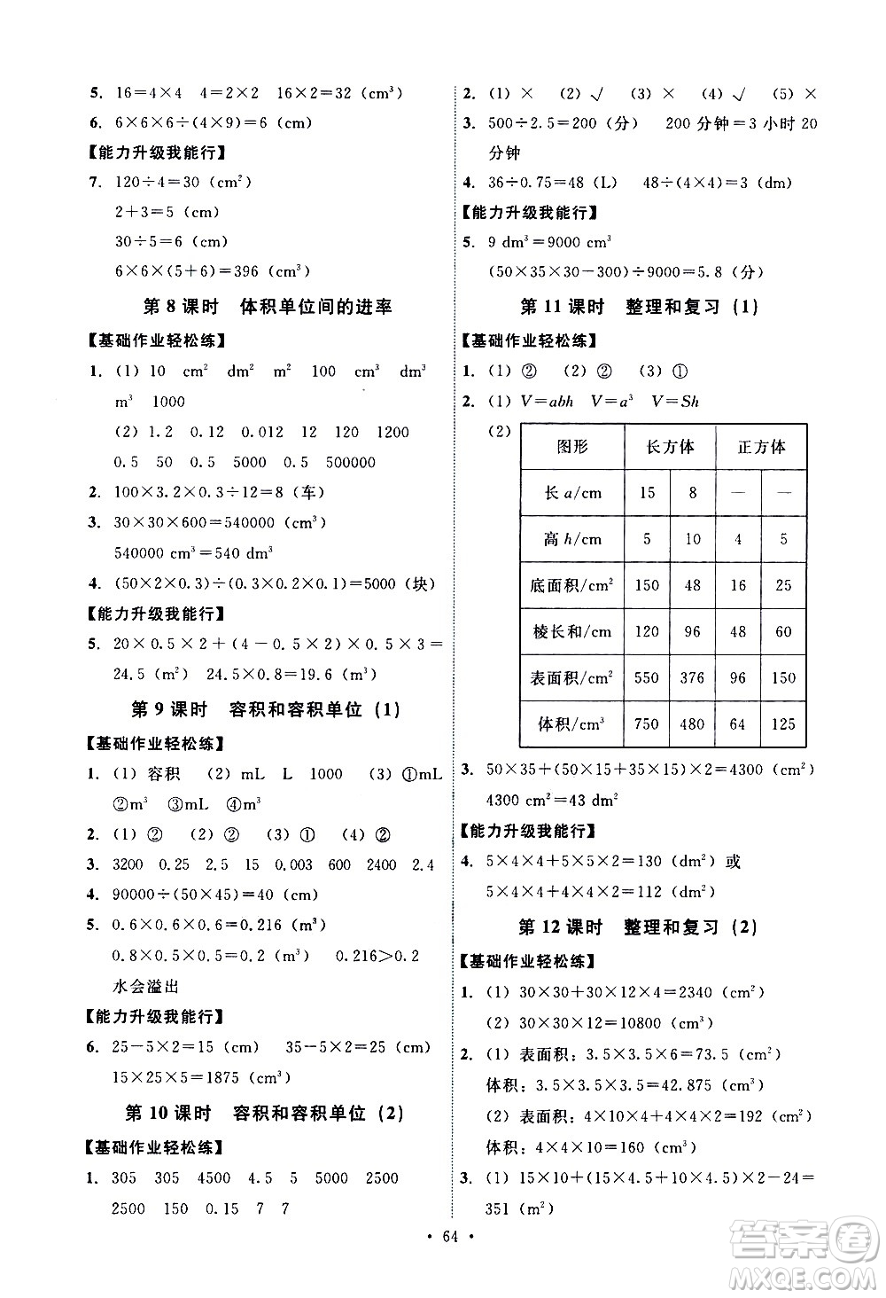 人民教育出版社2021能力培養(yǎng)與測試數(shù)學五年級下冊人教版湖南專版答案